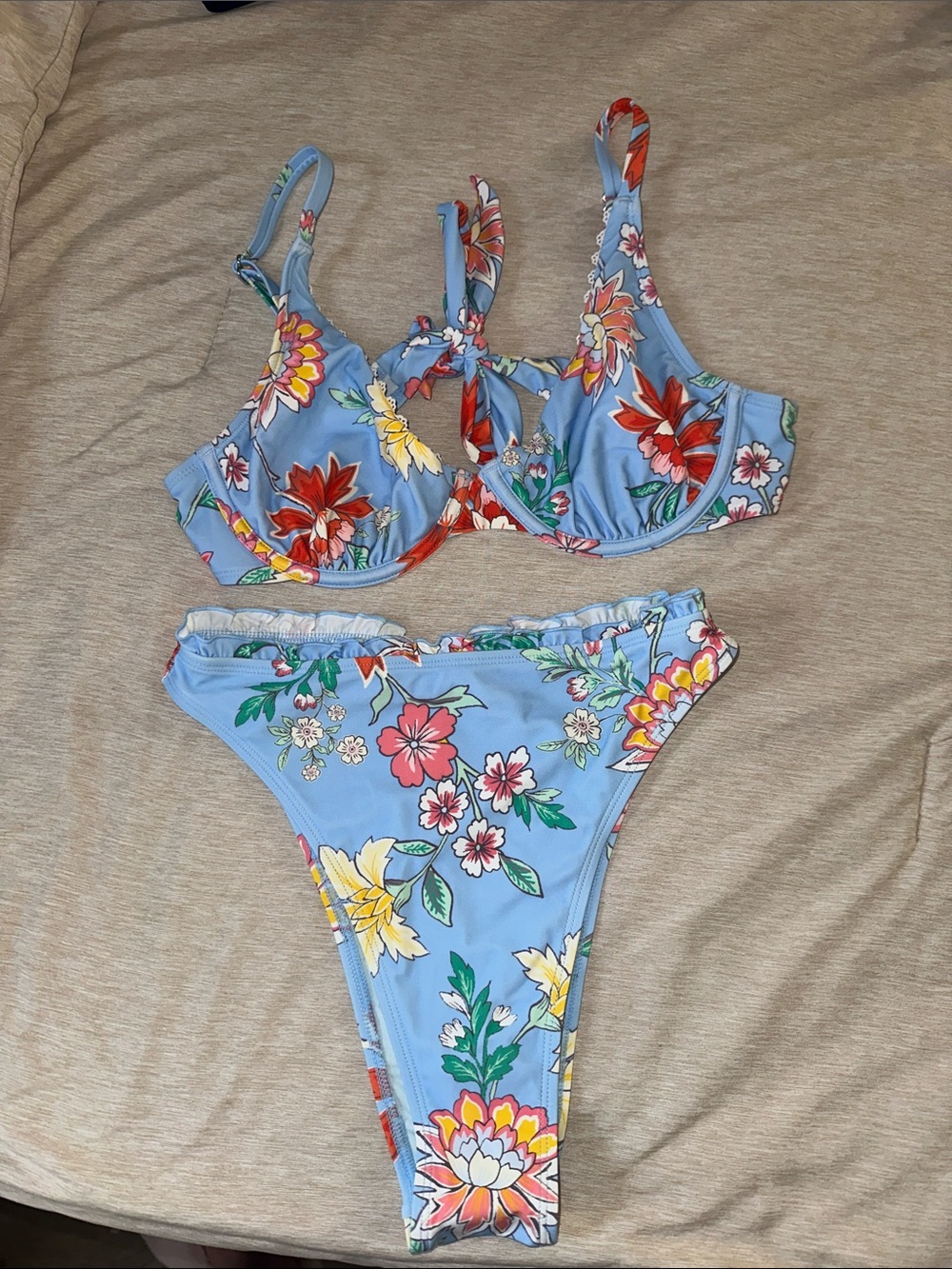 Cupshe Blue Floral Two-Piece Swim Set with Multicolor Blooms